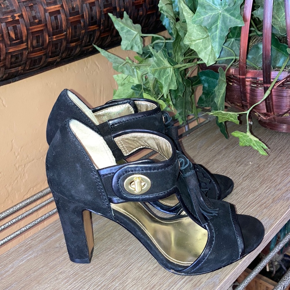 Coach black suede gold turnlock leather chunky heels